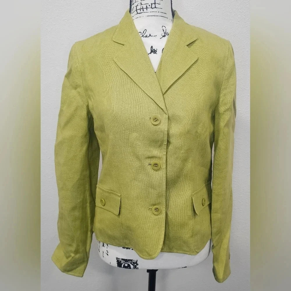 Talbots Womens Blazer Jacket Irish Linen Button Green Spring Summer Size 4 - Picture 1 of 14